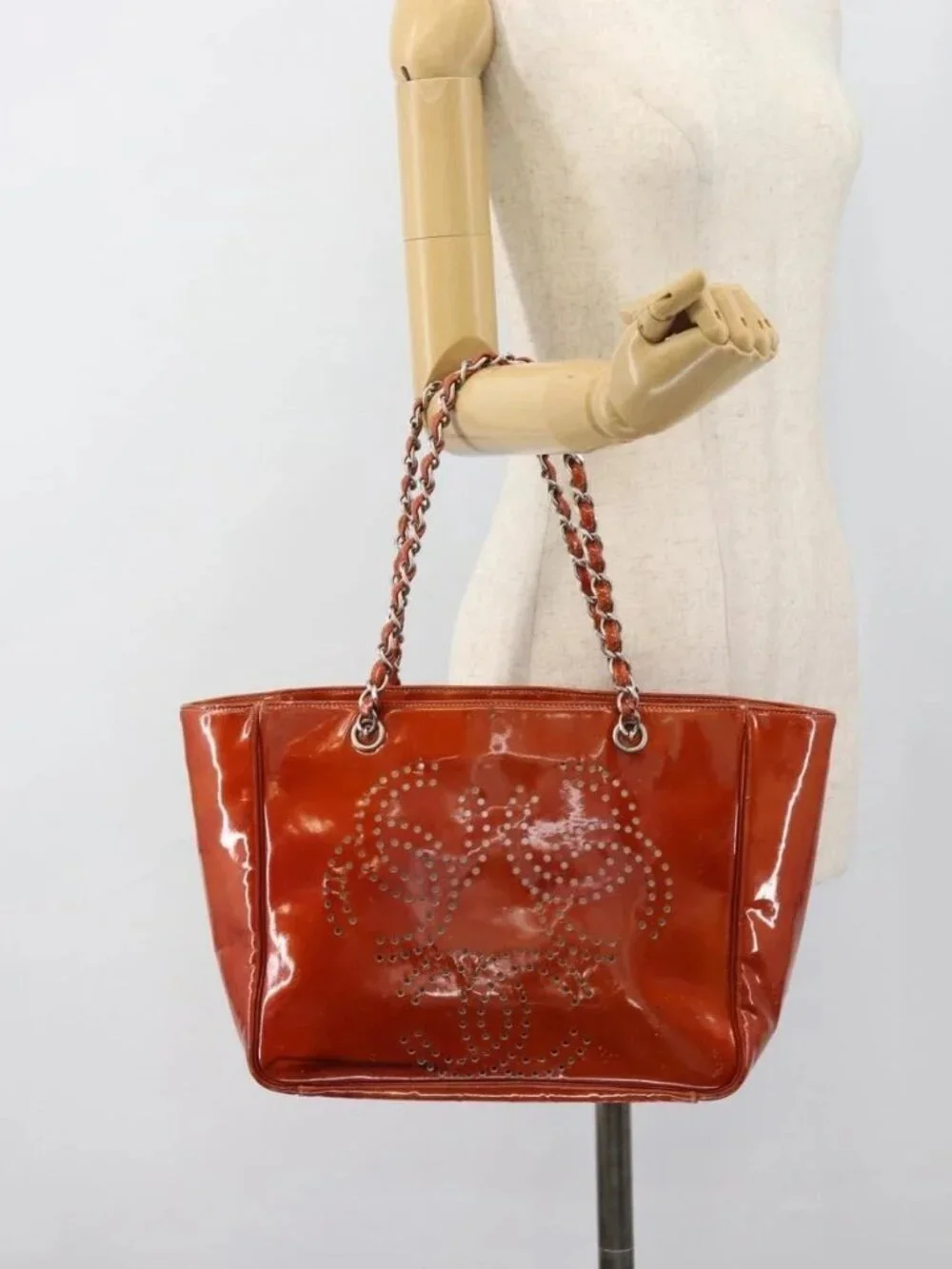 CHANEL Triple Coco Chain Tote Bag Patent leather Orange Silver CC Auth bs18659